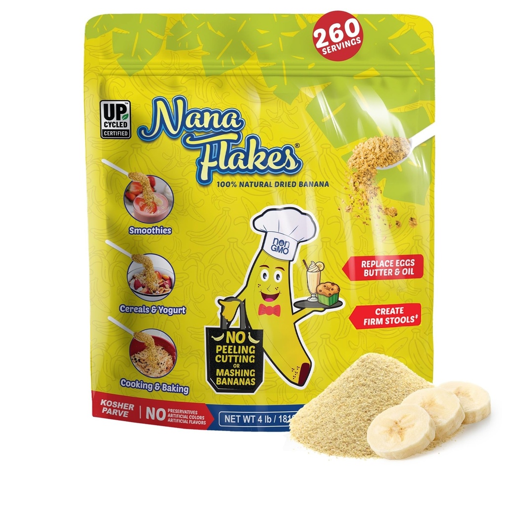 Nana Flakes 100% Pure Banana Flakes Cibo Polvere 4 lbs - Grande fonte di Potassium & Fibra, per la salute digestiva & Diarrea occasionale, Spessore di farina - Naturale & rilassante (4 lbs Bag)