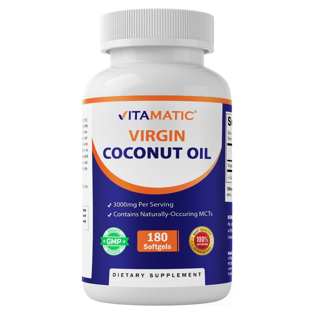 Vitamatic Virgin Coconut Oil Softgels, 3000 mg Per Serving, 60 Serve, 180 Conte, Non OGM, Gluten Free