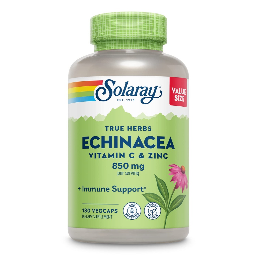SOLARAY Echinacea Vitamin C & Zinc 850mg Plus Bioflavonoidi, Echinacea Capsule per il supporto immunitario sano, Vegan, Lab verificato, 60-giorni garanzia di rimborso, 90 Serve, 180 VegCaps