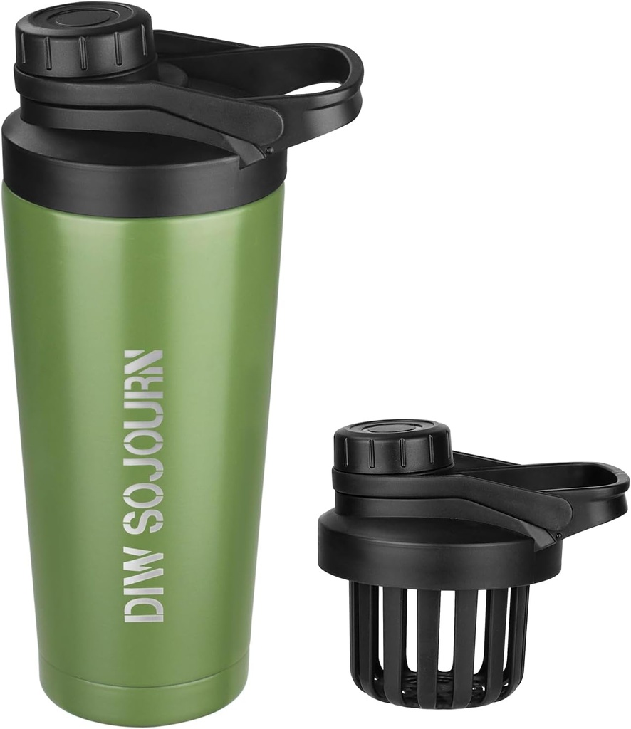 DIW 24 oz Shaker Bottiglia,Braccia in acciaio inox Shaker con disegno senza rumore,Coppa di Shaker in metallo coibentato per miscele di proteine e pre allenamento,Spazzo di bottiglia di similpelle(Green)