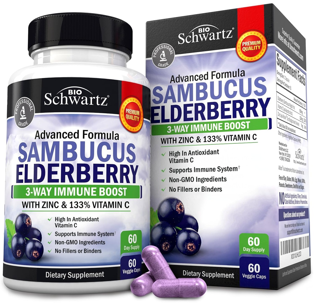 Capsule Elderberry con Zinco e Vitamina C per Adulti - Supporto Immune Vitamine per Donne e Uomini - Black Sambucus Elderberry Vitamina C e Zinco - Integratore Multiminerals Difesa Immune, 60 Conte