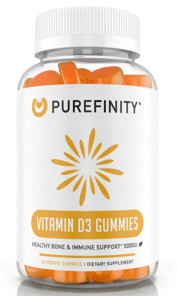 PUREFINITY Vitamina D3 5000 iu Gummies – Il tuo supplemento giornaliero di vitamina D per la salute di ossa, la salute immunitaria e il supporto muscolare comune per adulti e bambini – senza glutine, senza OGM – 60 Gummie veggie