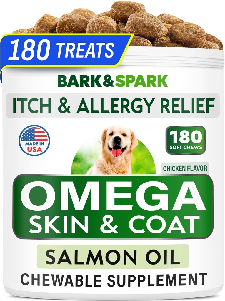 BARK&SPARK Omega 3 per cani - 180 Fish Oil Treats for Dog Shedding, Skin Allergy Chews, Itch Relief, Hot Spots Trattamento - Joint Health - Skin and Coat Supplement - EPA & DHA Fatty Acids - Salmon Oil