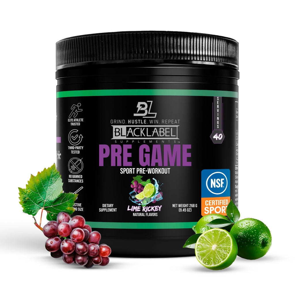 BLACKLABEL Integra la polvere di allenamento pre-Game, Lime Rickey (40 Serve) – NSF Certificata per lo sport – Personalizzabile 150mg Caffeina per l'energia e la messa a fuoco – Low-Stimolant Pre Workout per gli uomini e le donne
