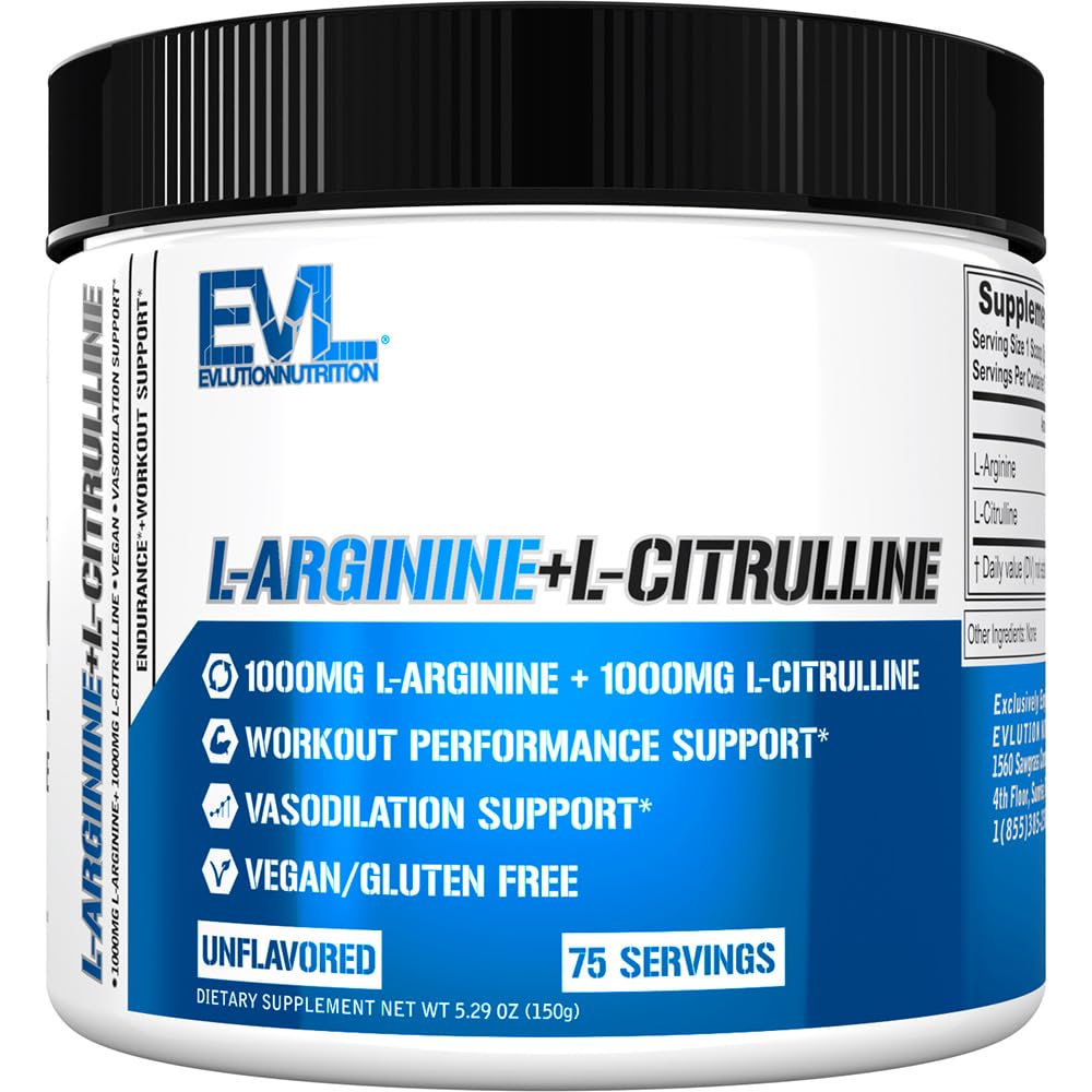 Evlution Nutrition L-Arginina + L-Citrulline - Endurance + Workout Performance Supplement - 2000mg Complex - Vasodilation + Nitric Oxide Support - Vegan + Gluten Free Powder - 75 Servings