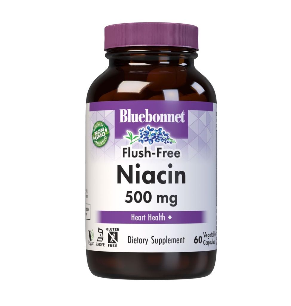 Bluebonnet Nutrition Flush-Free Niacin 500mg, per il supporto cardiovascolare nutrizionale*, Soy-Free, Gluten-Free, Non OGM, Kosher Certified, Dairy-Free, Vegan, 60 capsule vegetali, 60 Serve
