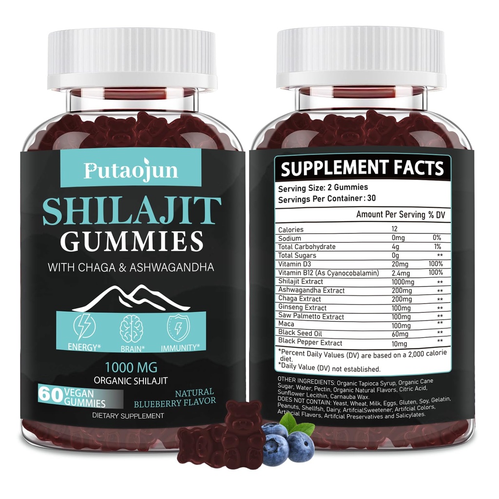 Shilajit per l'uomo, Woman & Kid.Himalayan oro Shilajit Gummies.1000mg Shilajit, 200mg Ashwagandha, 200mg Chaga,100mg Ginseng,100mg Saw Palmatto,60mg olio di semi nero
