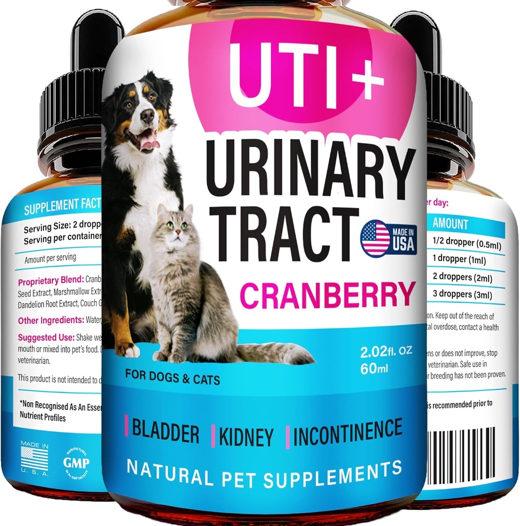 Trattamento Cat & Dog UTI - Medicina UTI e trattamento delle infezioni del tratto urinario per gli animali - Supporto renale - Controllo della vescica per l'incontinenza dei cani - Rimedio del gatto UTI - Supplemento al mirtillo - US Made - 2fl.oz