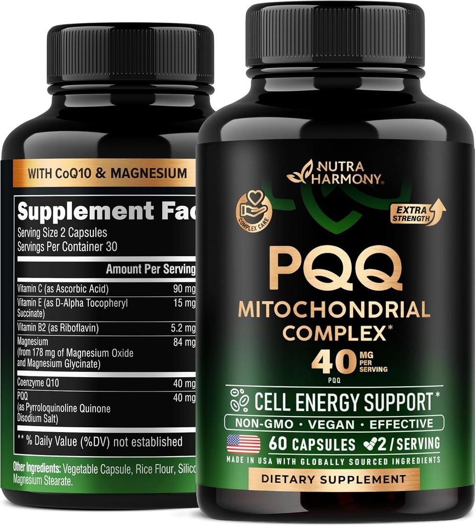 PQQ 40 mg - PQQQ con Supplemento CoQ10 - Mitochondria Biogenesis & Cellular Energy Production - con Magnesio, Vitamine C, E & B2 - Pure & Highly Bio available | Lab Tested - Made in USA - 60 Capsule