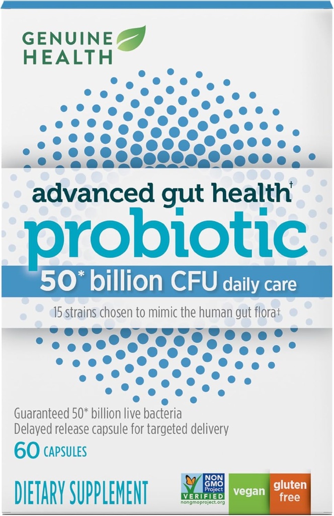 Probiotici di salute genuini, 50 miliardi di CFU, Cura quotidiana, 15 Strains Diverse, Soy Free, Gluten Free, Vegan Delayed-Release capsule per la salute avanzata del fegato (60 conte)