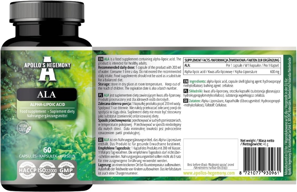ALA HEGEMONY APOLLO (acido alfa lipoico) 600 mg - 60 capsule vegane - ottimizza la gestione del glucosio - supporta la salute mitocondriale - alimentazione di due mesi