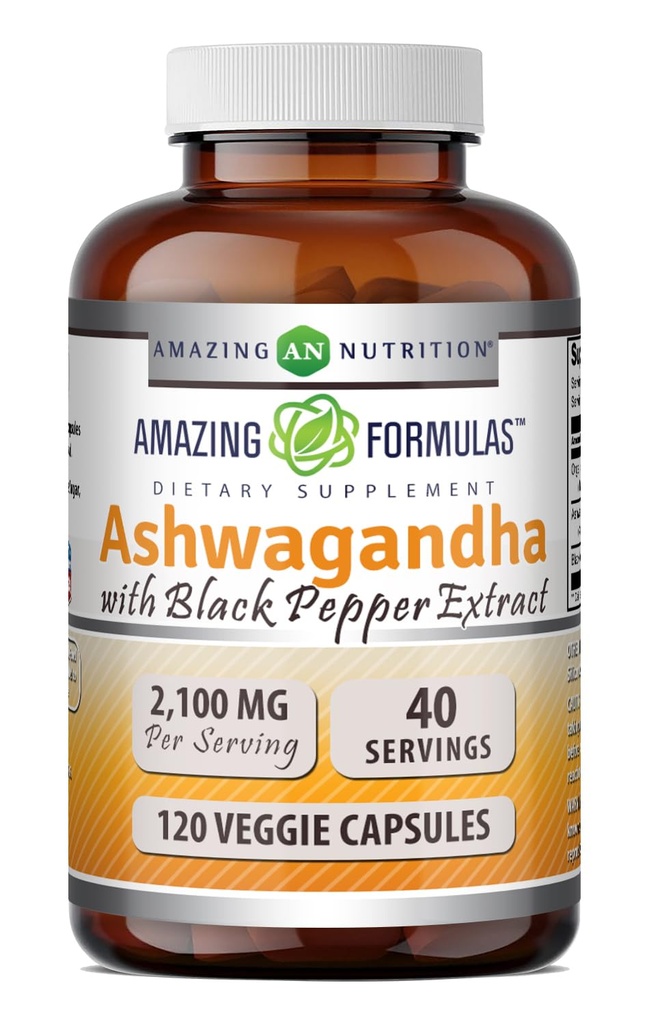 Sorprendente formula Ashwagandha Root con Estratto di Pepe Nero Supplemento | 2100 Mg Per Serving | Capsule vegetali Supplemento | Non OGM | Gluten-Free | Made in USA (1 Confezione, 120 Conte)