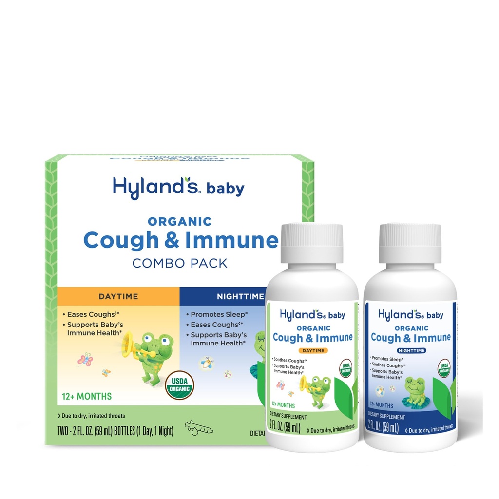 Hyland's Baby Organic Cough Syrup e Immune Support Day and Night Combo Pack, Eases Coughs, Supporta l'immunità, promuove il sonno, due 2 Fl Oz. Bottiglie (4 fl oz)