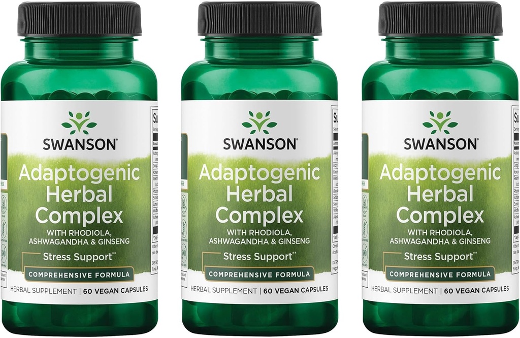Swanson Rhodiola Ashwagandha Ginseng Complex Mood Energy Funzione immunitaria Nervosa Sistema Stress Supporto Adaptogen Herb Supplemento 60 capsule (3 pacchetto)