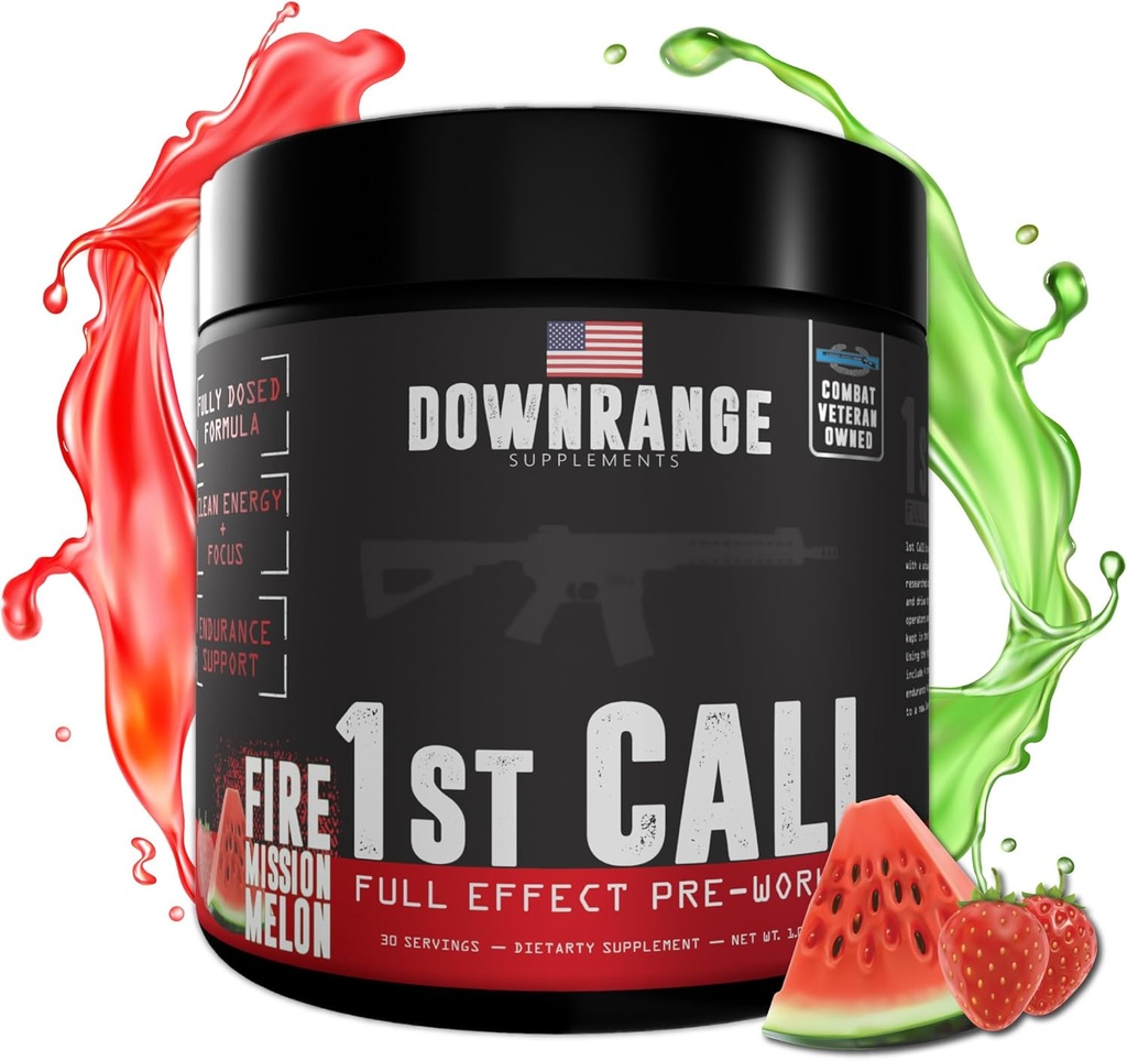 DownRange 1st Call Pre Workout Powder, Preworkout per uomini e donne, Aminoacido Beta Alanine & Caffeina per pompa, energia e supporto di messa a fuoco, 30 Servings (anguria di fragole)