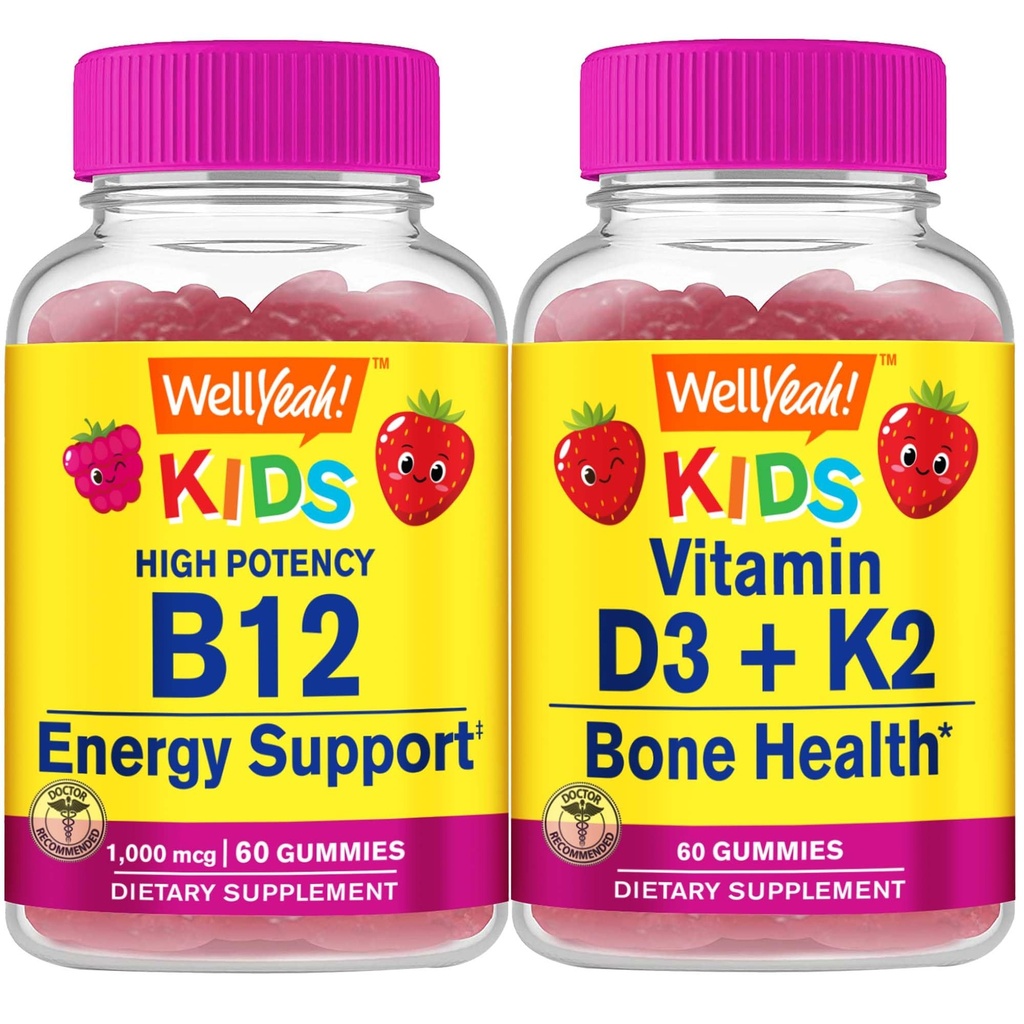 BeneSì Vitamina B12 Bambini + Vitamina D3+K2 Bambini, Gummies Bundle - Grande degustazione, Integratore di vitamina, Senza glutine, OGM libero, Gomma masticabile