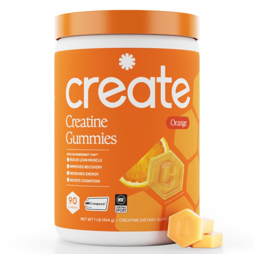 Creatina Monoidrato Gummies per uomini e donne, Boost messa a fuoco, forza e resistenza, Formula anti-Melting, Vegan, senza glutine, non OGM, 1,5 g di creatina per pancia (arancia, 90 ct)