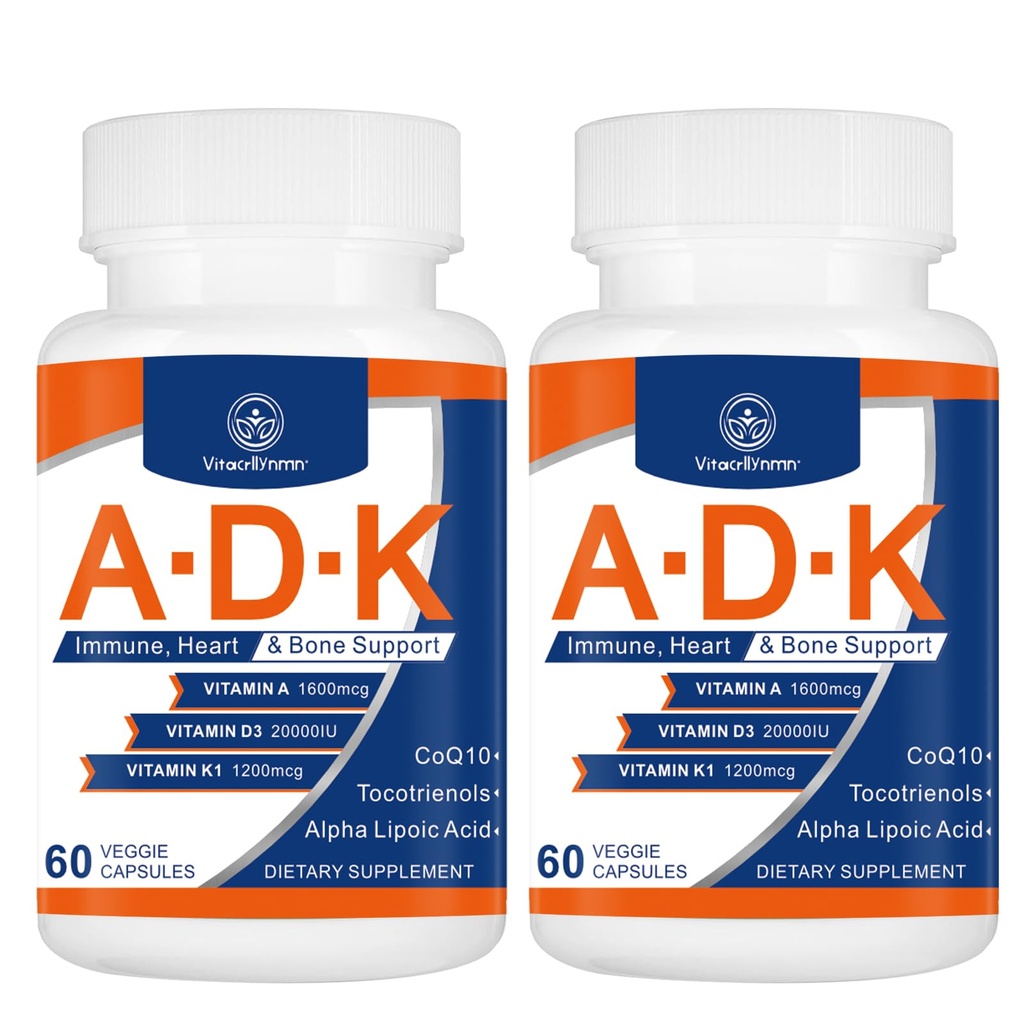 Supplemento di vitamina ADK 20000 IU - Vitamine ad alta potenza A, D3 e K1 per il cuore, Salute e Supporto immunitario Vitamina ADK 120 capsule