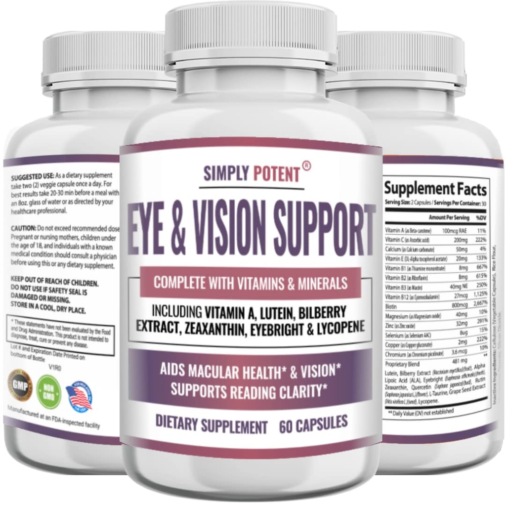 Lutein & Zeaxanthin Integratori per la salute degli occhi per adulti, Natural Eye & Vision Formula w/Vitamin A, Lutein, Zeaxanthin, Bilberry Extract, Eyebright & Lycopene per Retina & Lens 60 Caps
