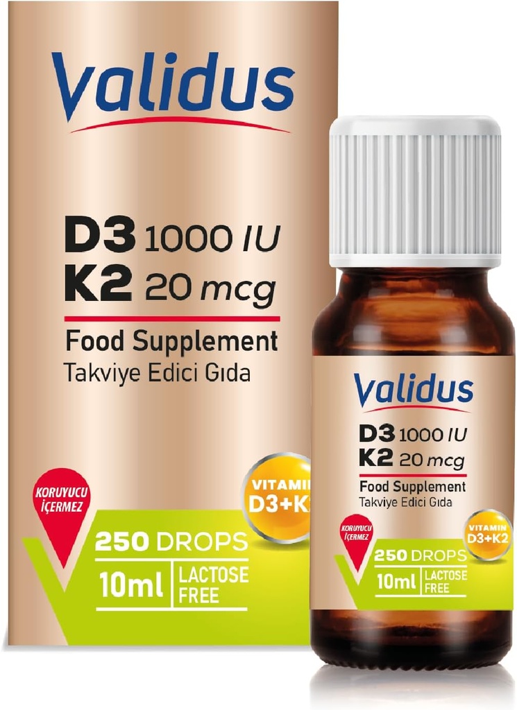 VALIDUS Vitamina D3K2 Gocce – Alta Potenza Vitamina D3 + K2 MK-7, 250 Gocce liquide, Assorbimento potenziato per Bone & Heart Health, Supporta Funzione immunitaria, Non OGM, Senza glutine, Facile da usare, 10 ml