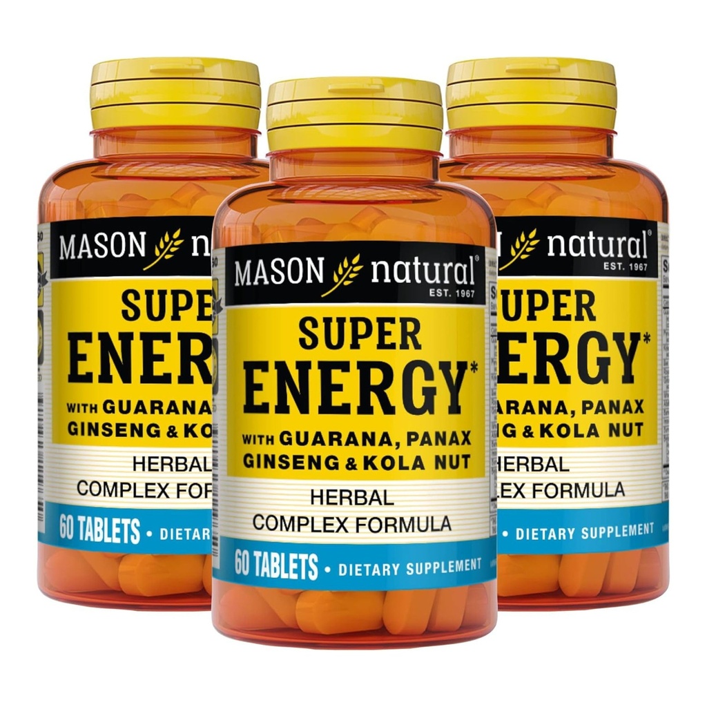 MASON Super Energy NATURAL, realizzato con Guarana, Panax Ginseng & Kola Nut per prestazioni ottimali & Energy, alimentazione di 90 giorni, 60 compresse (pacchetto di 3)