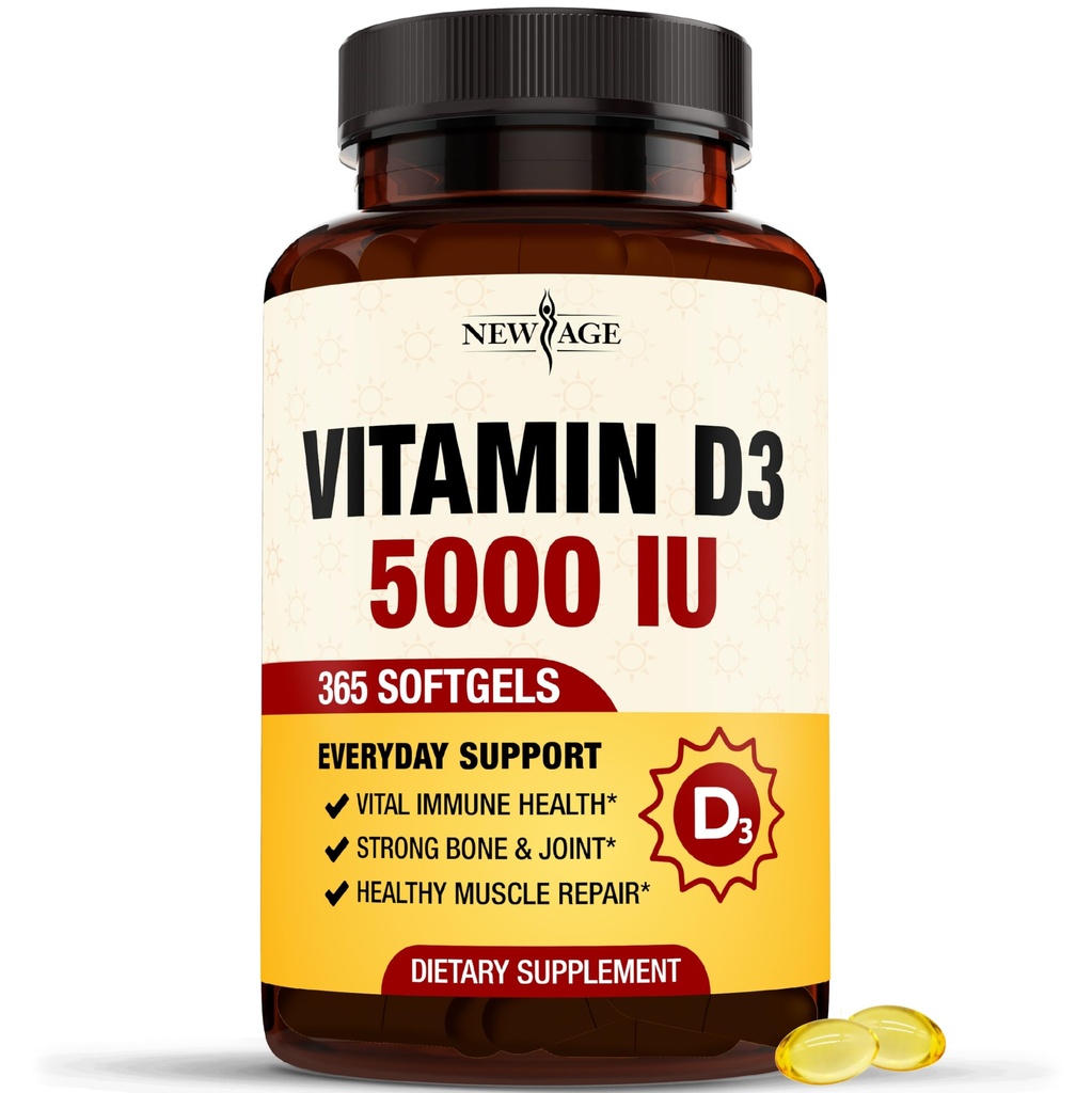 NUOVO AGE Vitamina D3 5000 IU 125mcg Softgels - Supporto Immune, Forte Bone Salute - Non OGM, Senza glutine, Dairy-Free, Alimentazione 1 Anno (360 Softgels (Pack of 1))