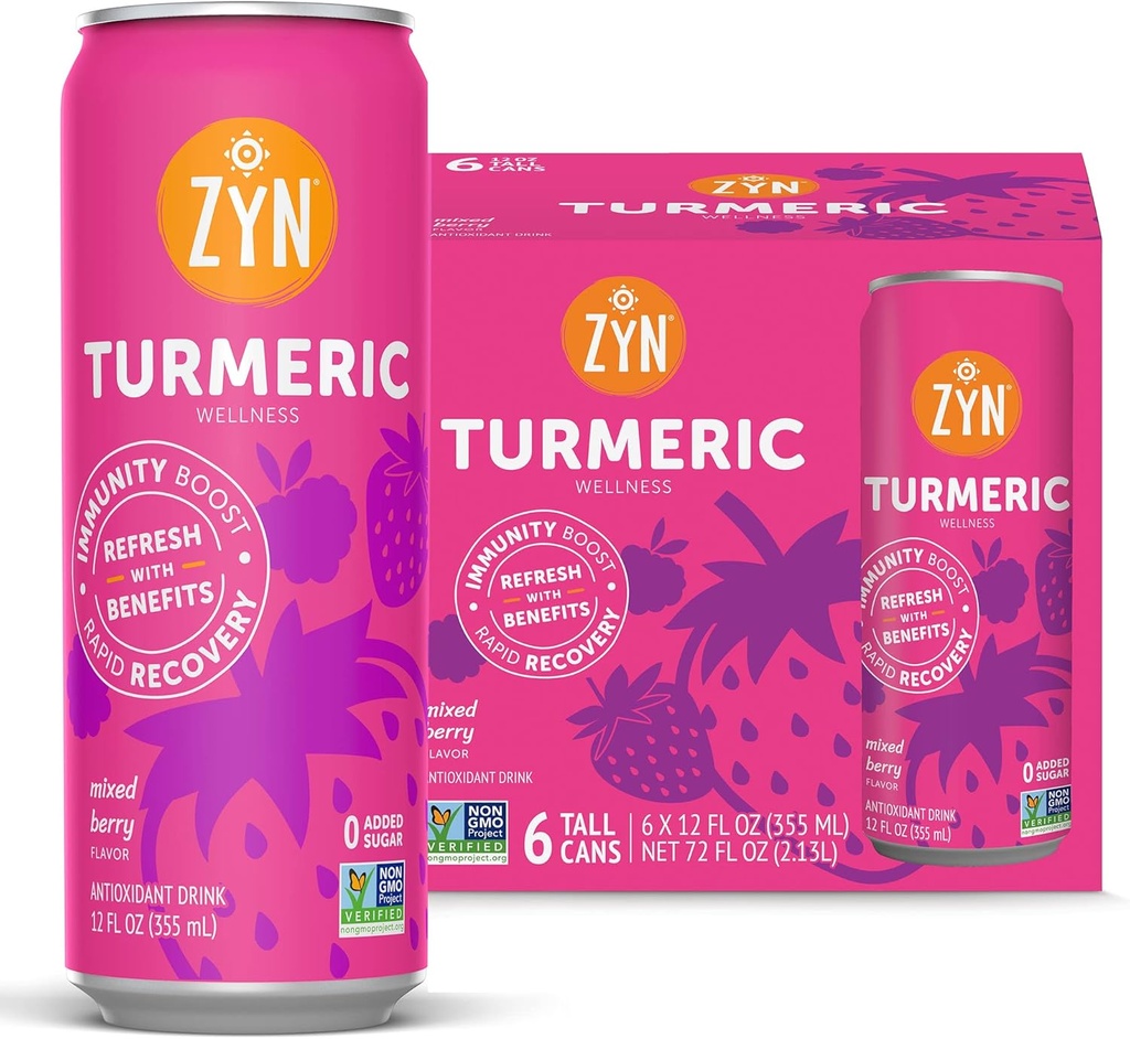 ZYN Turmeric Wellness Bevanda 6 (Pack), Bacca mista aromatizzata curcumina curcumina curcuma bere con pepe nero, Non Aggiunto Zucchero, Carbo basso & Basso Calorie Bere, Clean Alternative