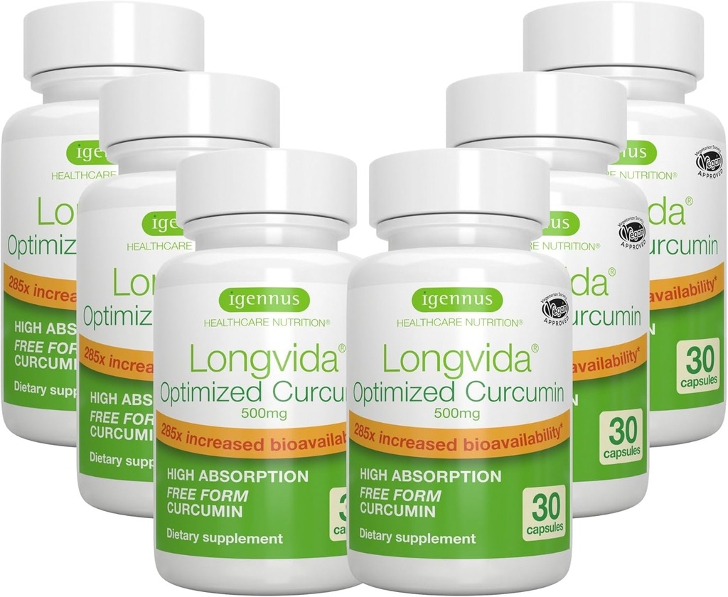 Igennus Longvida Lipidated Curcumin 500mg, Ultra Biodisponibile e Azione Sostenuta, 65x Livelli di Plasma superiori, Supporto intensivo, Curcumina Free-Form, Vegan, 180 capsule