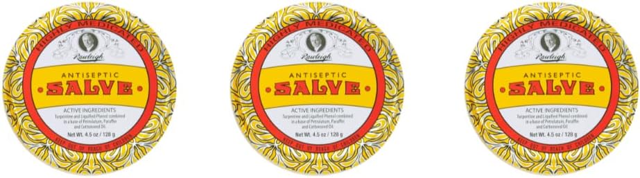 Rawleigh Antiseptic Salve Iconic Yellow Big Tin: 4.5 oz, Multi-Purpose Ointment Soothes Cuts, Bruises, Irritations, with Turpentine, Phenol, Cottonseed Oil & Paraffin, Original Formula - Confezione da 3