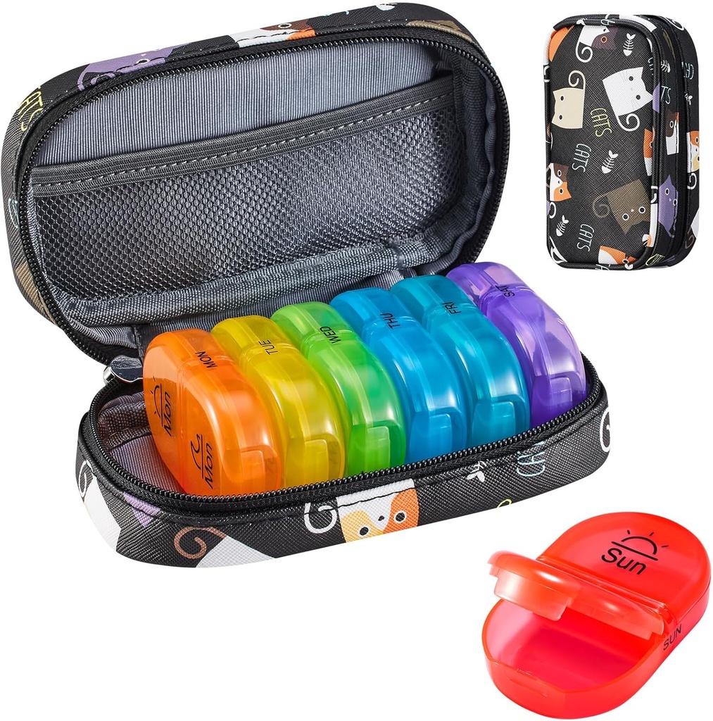 Serfeymi Organizzatore di viaggio settimanale 2 volte al giorno AM Aggiornato Rainbow Pill Box 7 giorno con custodia portatile in pelle PU cerniera, organizzatore di medicina per pillole, vitamine, oli di pesce - Nero 02