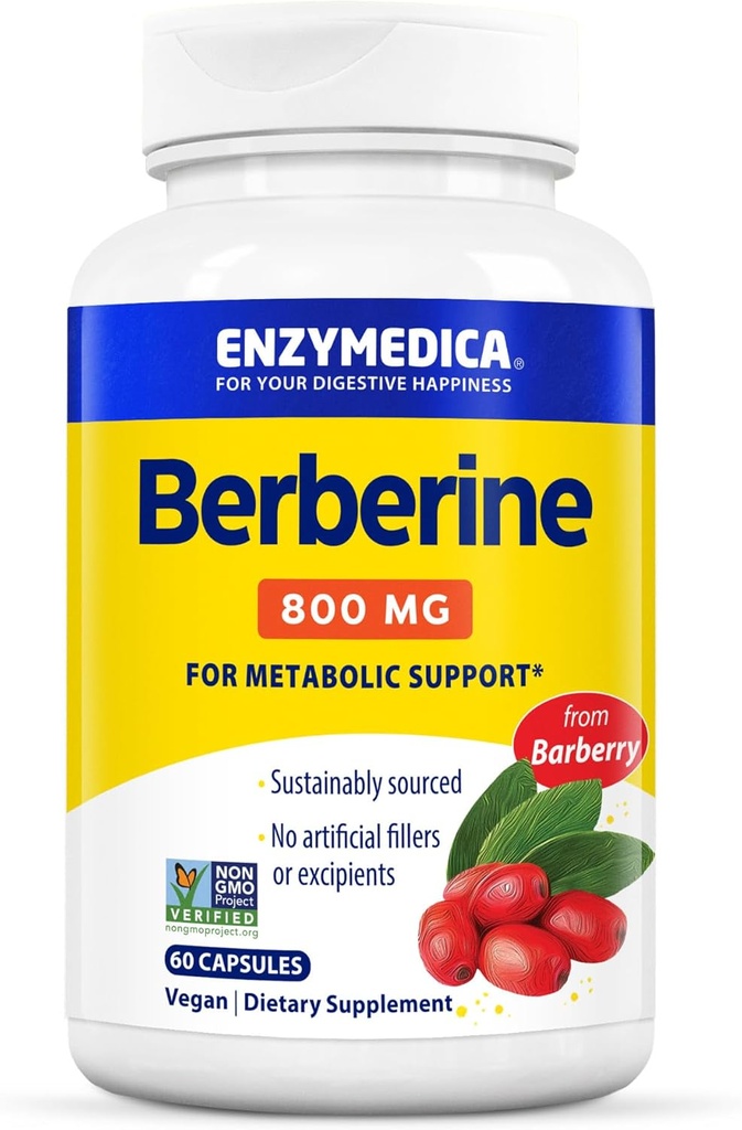 Enzymedica Berberine 800 mg – Capsule vegani per il supporto metabolico – da Barberry Sostenibilmente Sorgente – Non OGM, Senza Glutine, Nessun Filler o Eccipienti – 60 capsule