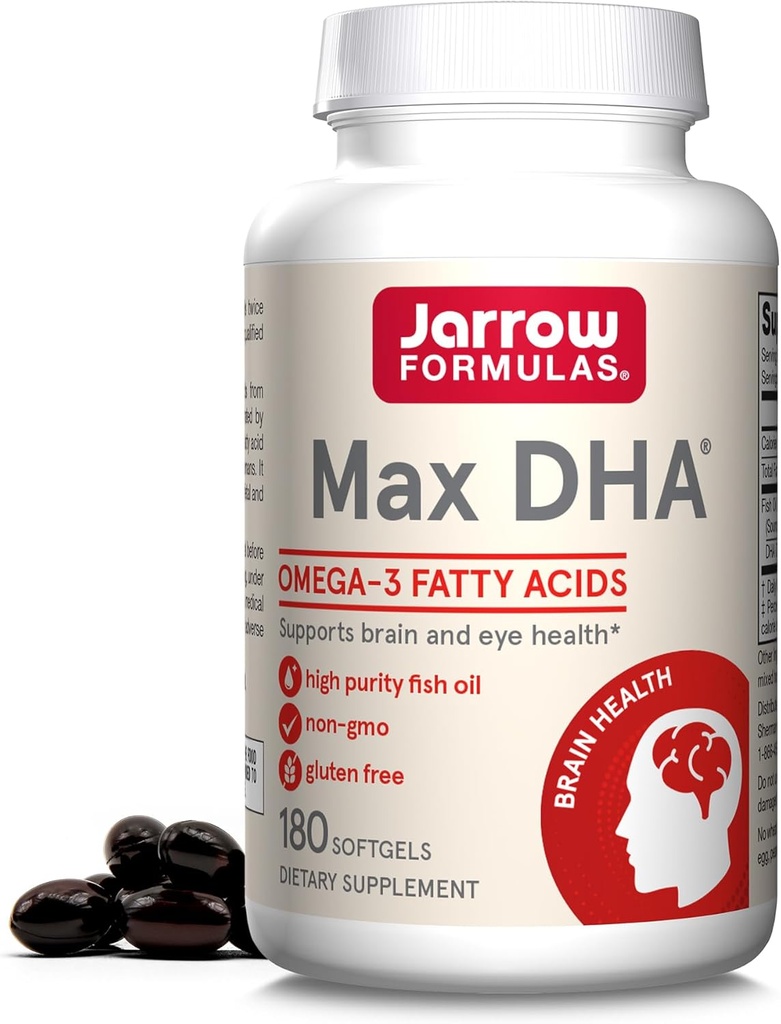 Jarrow Formulas MaxDHA - 180 Softgels - Olio di pesce ad alta purezza - Integratore Supporta la salute del cervello e degli occhi - Concentrato in acidi grassi Omega-3 e arricchito in DHA - 90 Serve