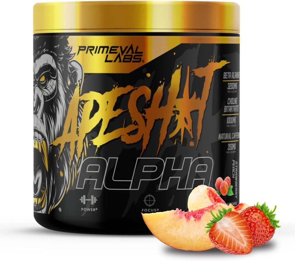Primeval Labs Ape Alpha Natural Pre Workout per gli uomini e le donne | Aumentare la resistenza e la messa a fuoco | 350 mg di caffeina | Beta-Alanine |L citrullina | Nitric Oxide Booster | Strawberry Peach, 40 Servings
