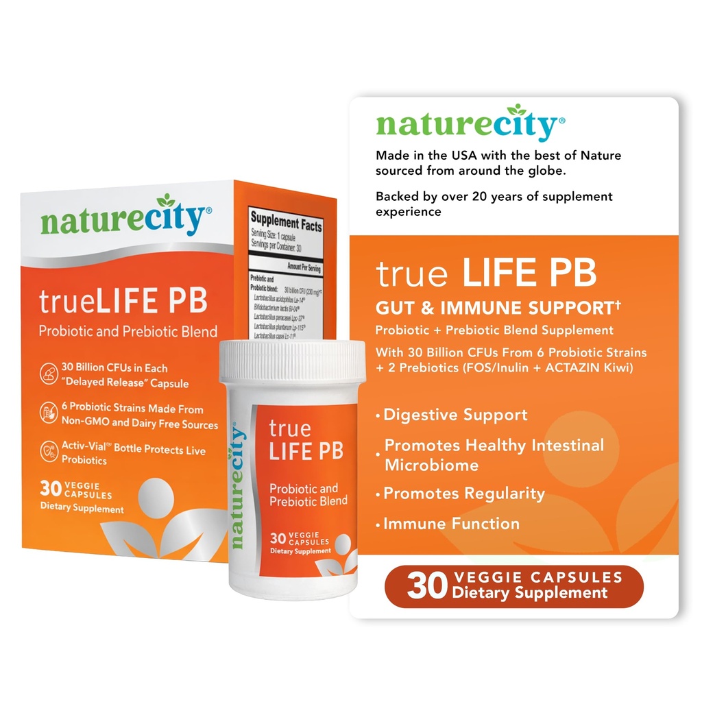 NaturaCity True-Life-PB Shelf Steable Blend Prebiotics and Probiotics for Women and Men - Digestive Gut Health Supplements for Women and Men - Dairy Free - (30 capsule vegetali)