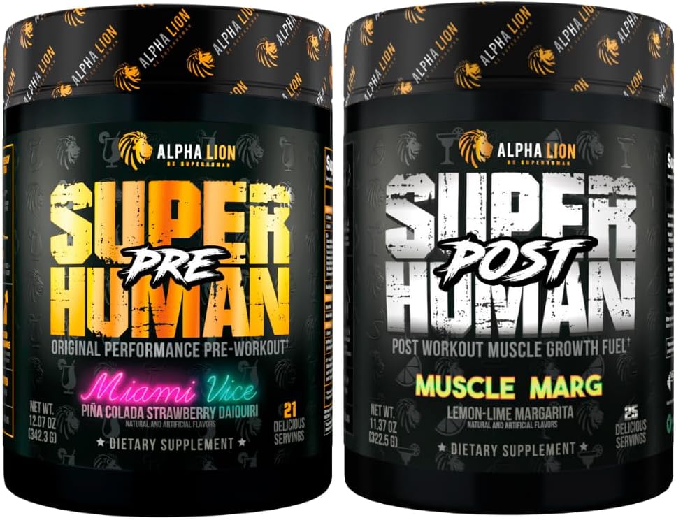ALPHA LION Superhuman Pre Workout Powder & Post Workout Recovery Bundle, Sustain Energy & Focus + Lean Muscle Growth, Strength & Volume (Miami Vice & Muscle Marg)