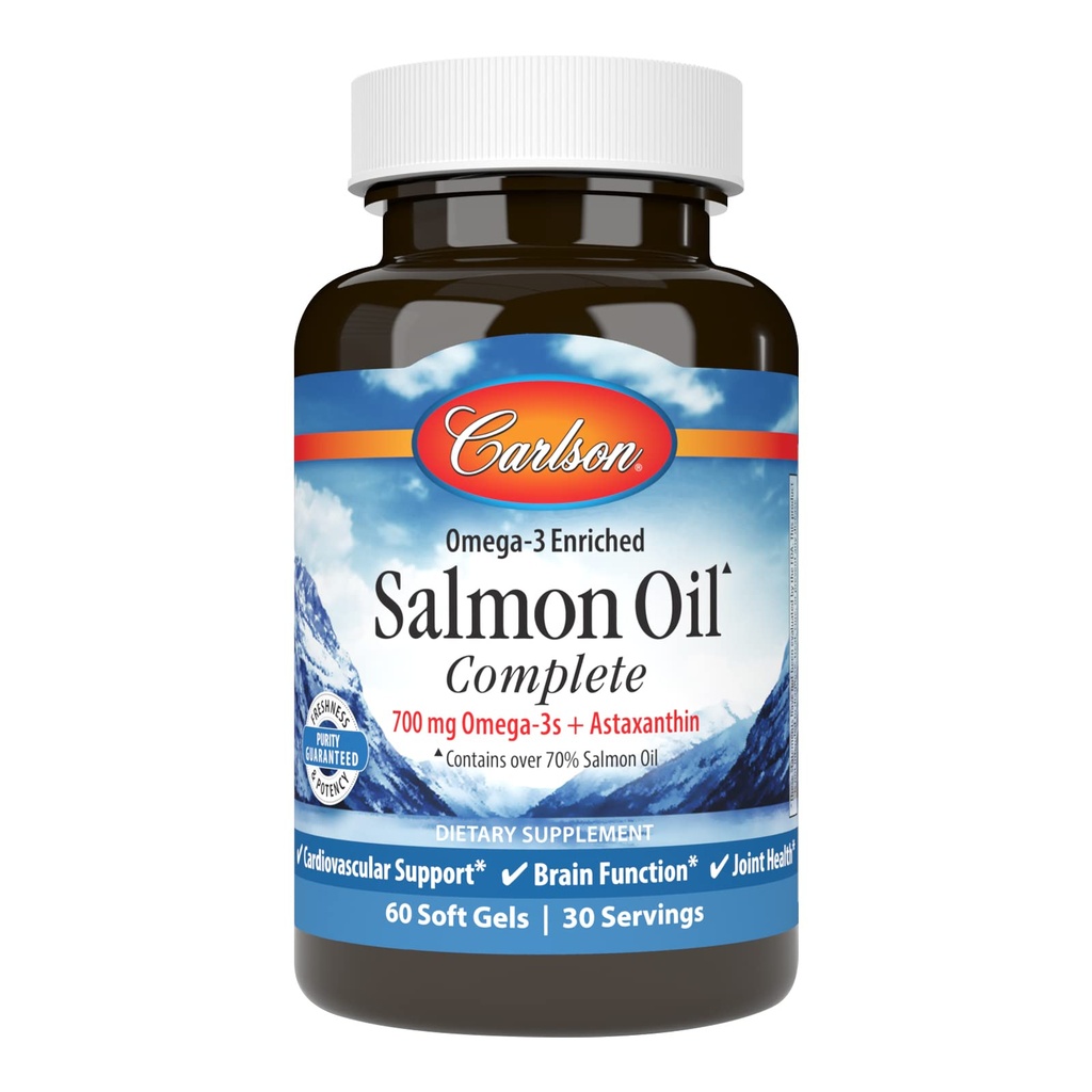Carlson - Olio di Salmone Completo, 700 mg Omega-3s + Astaxantina, Supporto cardiovascolare, Funzione cerebrale & Joint Health, 60 Softgels