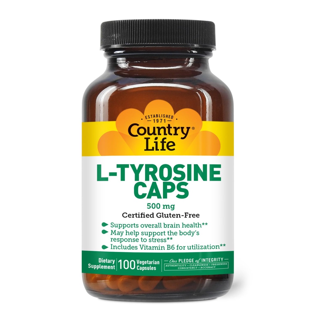 Vita di campagna L-tirosina 500mg con vitamina B6 Supplemento - Certificata senza glutine, Vegetariano, Kosher, Boosts Focus & Energy, Supporta la salute del cervello, Migliora la Clarity mentale, Non-OGM - 100 capsule