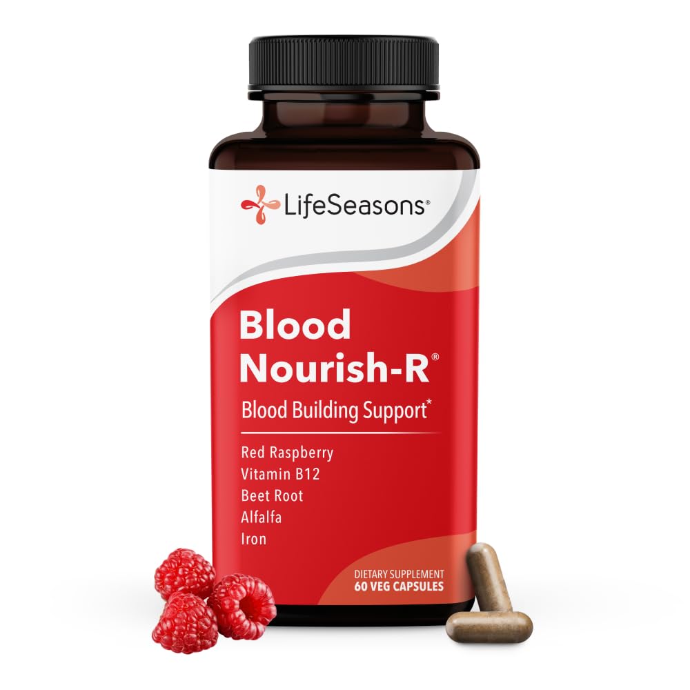 LifeSeasons Blood Nourish-R - Supplemento alla carenza di ferro - Supporta l'anemia, la fatica, la bellezza e la vertigini - No costipazione - Edificio del sangue - Ferro, Alfalfa, Raspberry & Vitamina B-12-60 Capsule