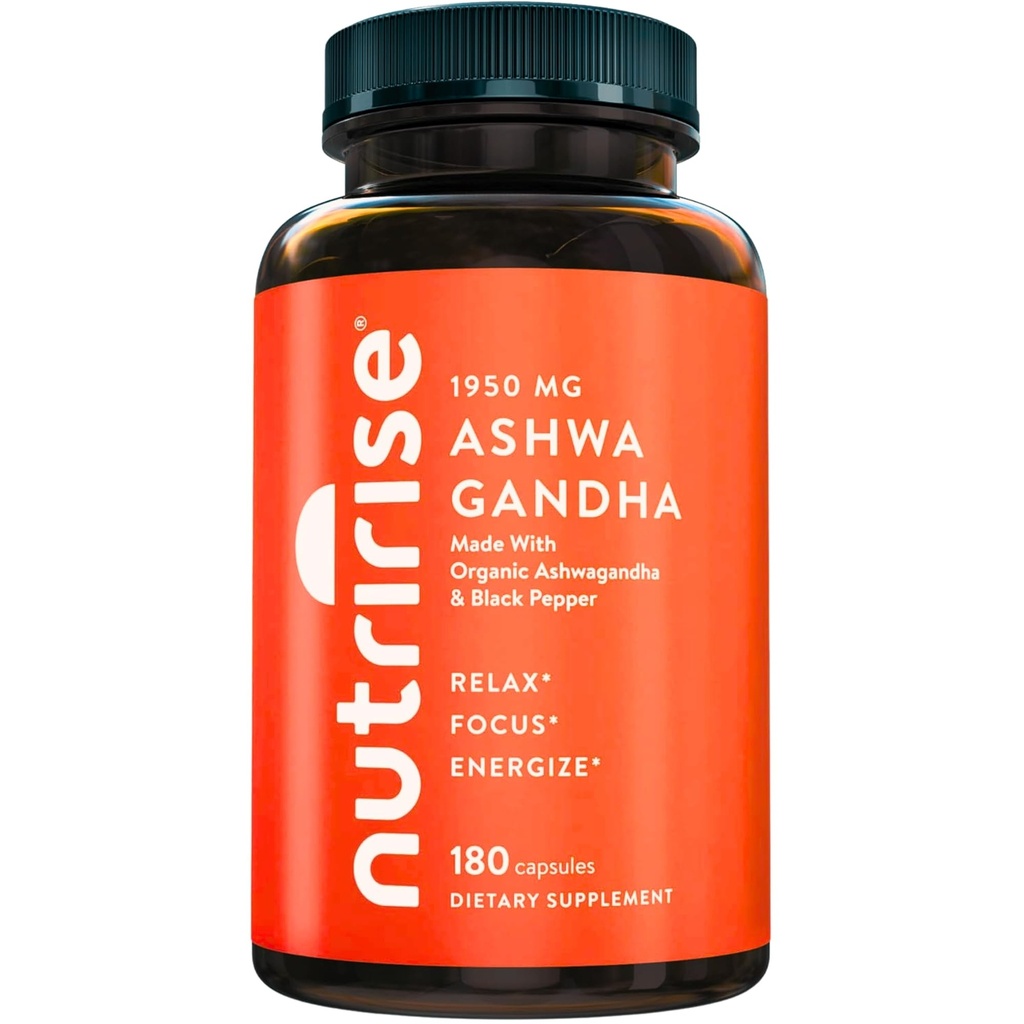 NutriRise Organic Ashwagandha Root Capsule con pepe nero 1950mg, Natural Stress & Mood, Thyroid & Immune Support Supplement, Sleep Aid, Clarity, Focus & Energy, Gluten Free, 180 Count