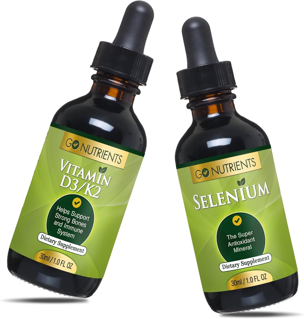 Go Nutrients Liquid Vitamin D3 con K2 (MK-7) Gocce 1oz & Selenium 200 mcg Supplemento 1.0 oz| | Vitamina D3 e K2 | Integratori con Selenio Minerale Liquido e Acqua Purificata