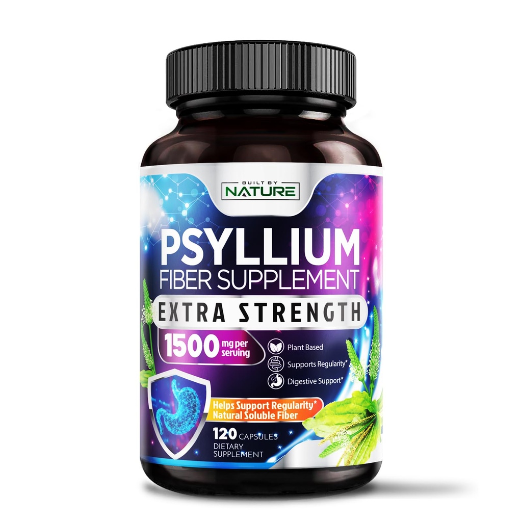 Psyllium Husk Capsule 1500mg - Integratore di fibre - Pillole di fibre solubili naturali con polvere di Psyllium Husk - Supporta Gut digestivo e salute del colon - Non OGM, Senza glutine, Vegan - 120 capsule