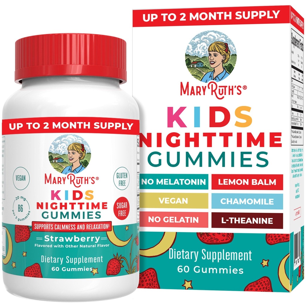 MaryRuth Organics Kids Nighttime Gummies | Sugar Free | NO Melatonin with L Theanine, Lemon Balm, Chamomile, Vitamina B6 | Supporto per il relax per bambini 2+ | Vegan | Non-GMO | Gluten Free | 60 Count