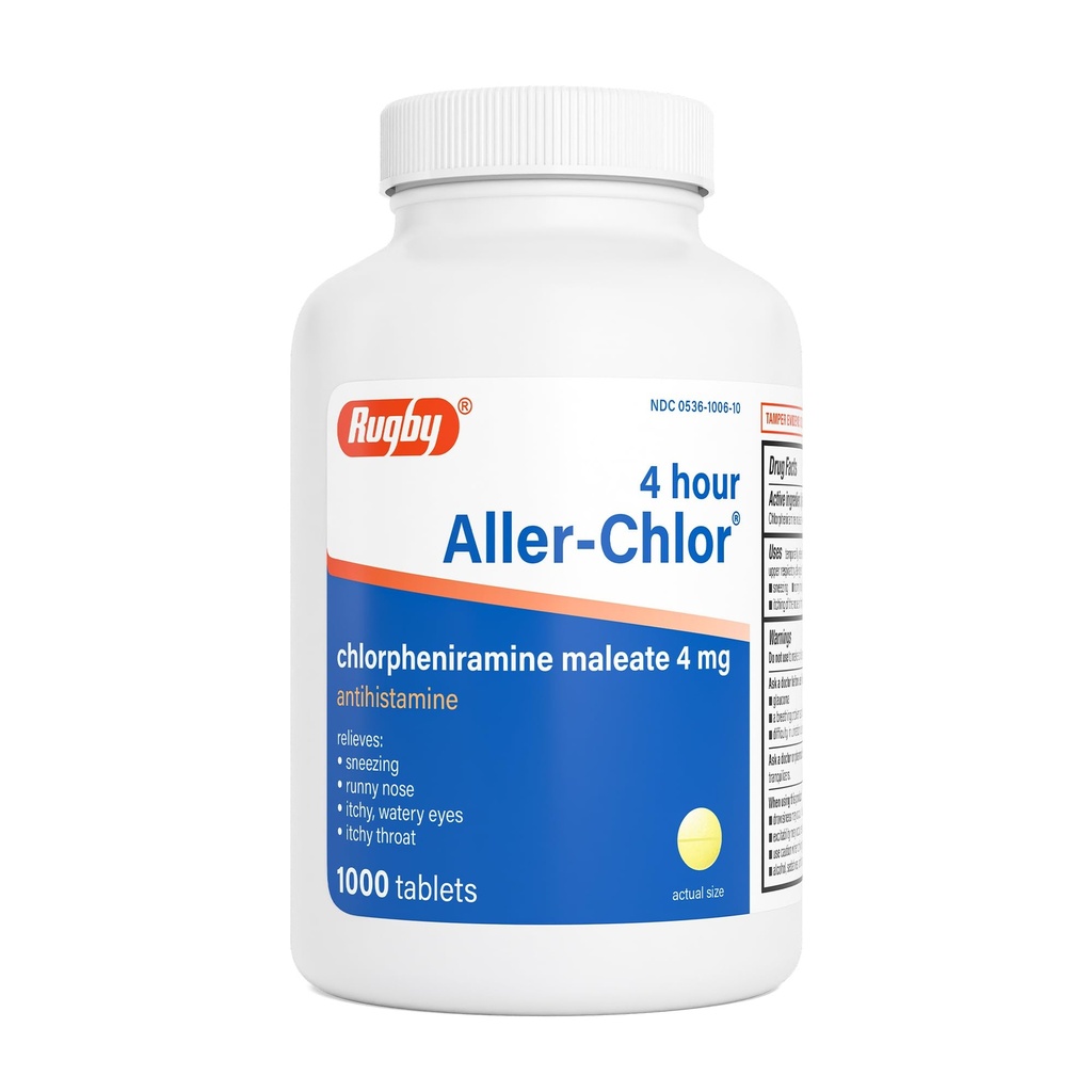 Rugby 4 ore Aller-chlor - Chlorpheniramine Maleate 4 mg - Antihistamine - 1000 compresse (1 confezione)