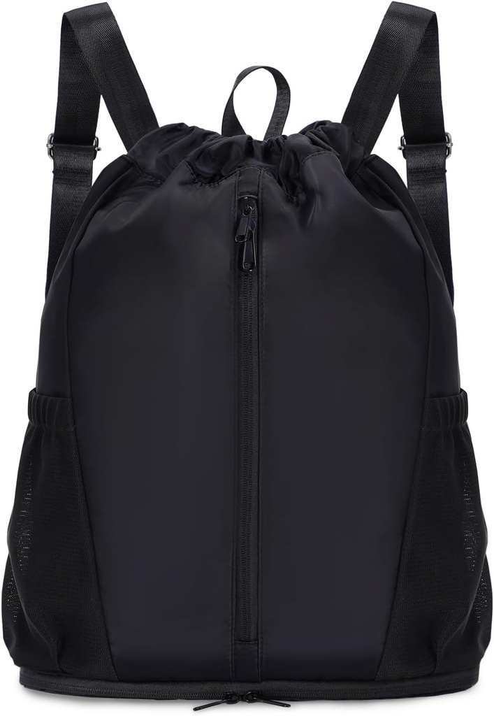 zaino con coulisse Sports Gym Bag con scarpe Compartment, String Zaino Cinch per gli uomini delle donne, Water-Resistant Drawstring Bag per il viaggio di allenamento, leggero, nero, brevetto Pending
