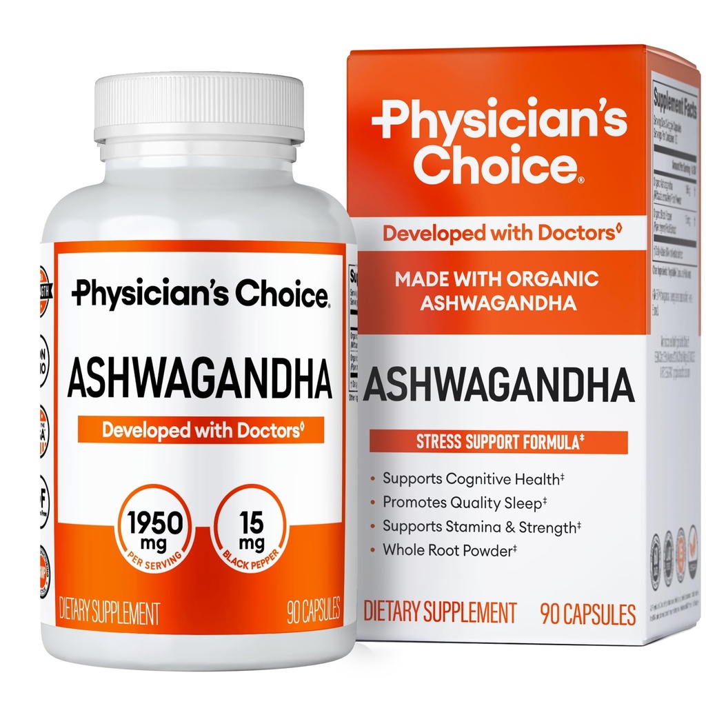 CHOICE del medico Ashwagandha Supplemento - 1950mg di Biodisponibile Polvere di radice di Ashwagandha Organic - Estratto di pepe nero, supporto di stress, supplemento di supporto del mood, 90 Veggie Ashwagandha Capsule