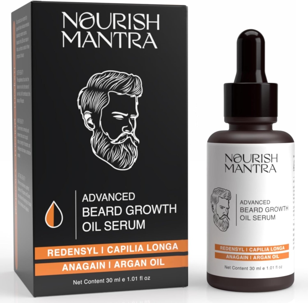 NOURISH MANTRA - Siero avanzato dell'olio di crescita del cuscinetto | Realizzato con Redensyl, Capilia Longa, Olio di Argan, Vitamina E e Olio di Jojoba per una crescita più completa, Thicker & Healthier Beard | Siero dell'olio del cuscinetto per gli uomini | 30 ml