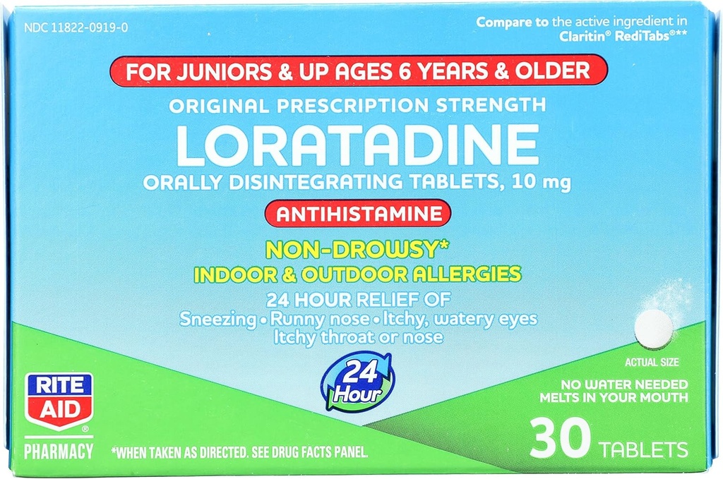 Rite Aid Kid's Non-Drowsy Allergy Relief, Loratadine 10mg, Mint Flavor - 30 compresse | Tabs Disintegranti Orally | Ages 6 and Older