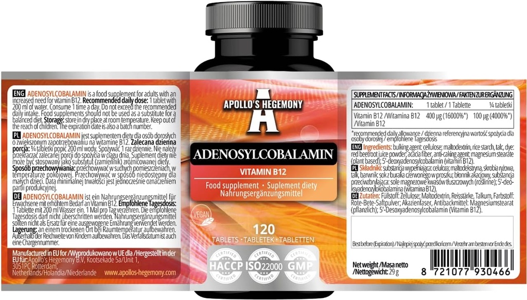 APOLLO'S HEGEMONY Adenosylcobalamin 120 compresse - Vitamina B12 ottimale biodisponibile per il metabolismo energetico migliorato - 480 Serve - Supplemento dieta