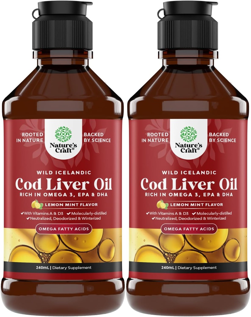 Liquido di olio di fegato di colata selvatica islandese - Gocce di olio di pesce con Omega 3, EPA, DHA, vitamina D & A - Supplemento di fegato di cod liquido per il cuore, giunto, cervello e supporto immunitario - 240 ml (8 oncia) 2 Confezione