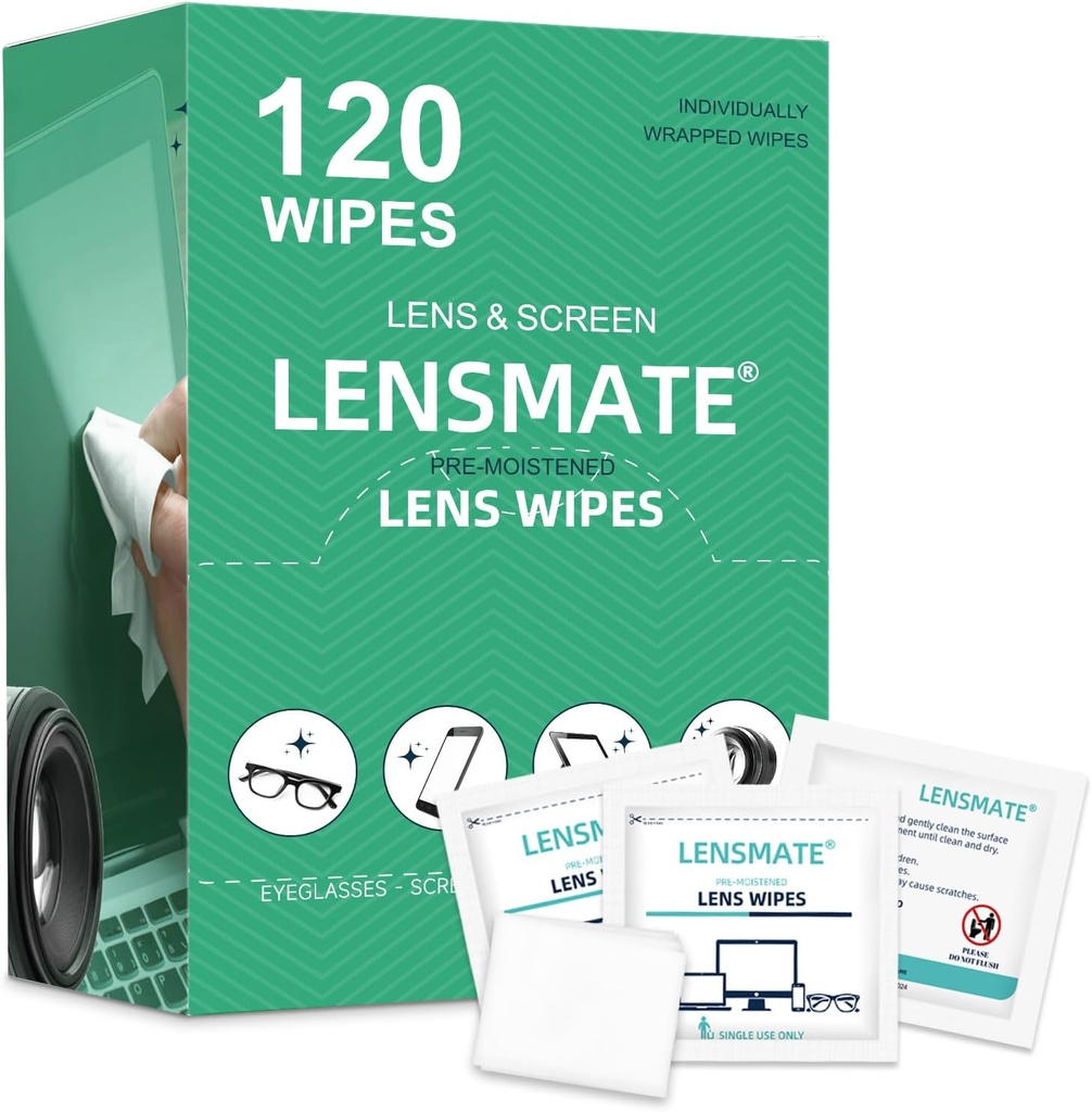 Lensmate 120 Count Lens Wipes per occhiali, Pre-Moistened & Individually Wrapped Eyeglass Wipes, Lens Cleaning Wipes for Eyeglasss, occhiali da sole, occhiali e fotocamera Lens